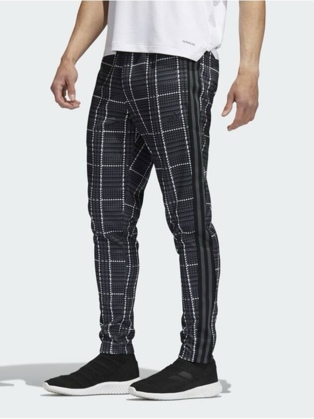 adidas Black & Gray Plaid Slim Tapered Track Pants with Side Stripes